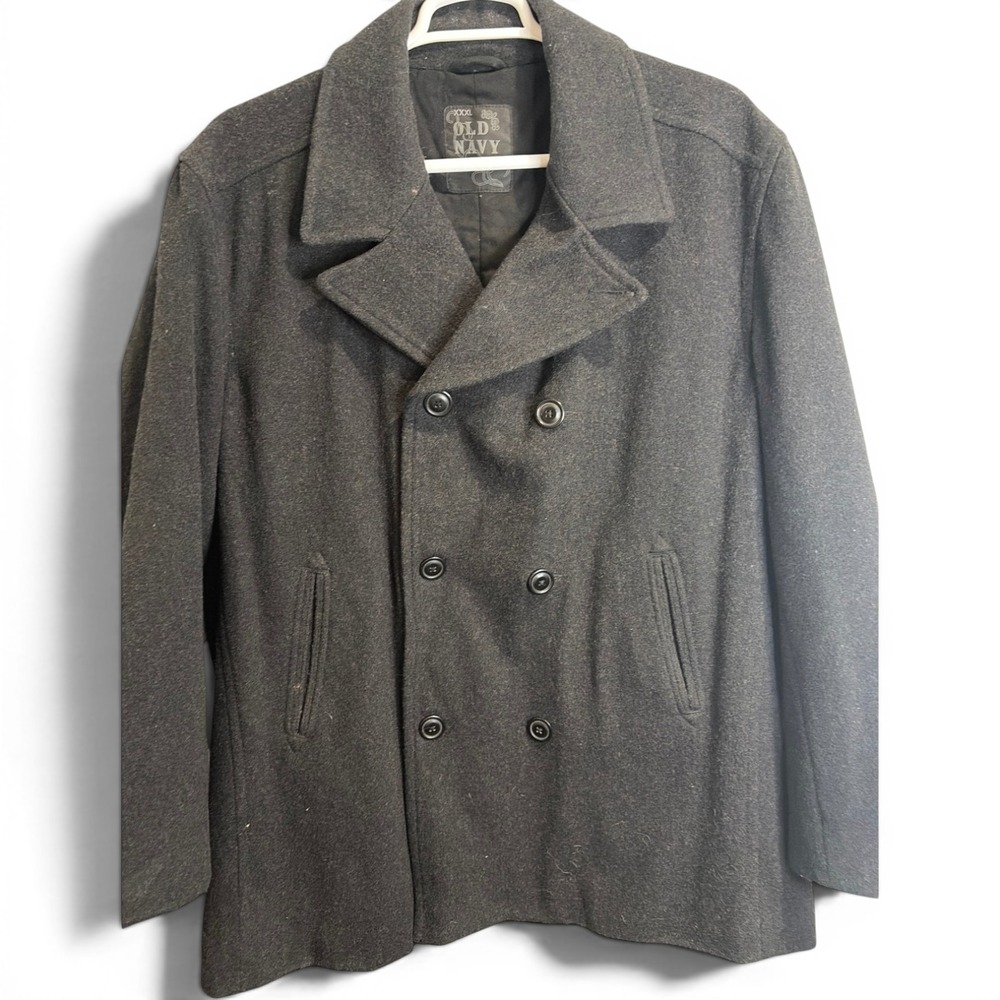 VNTG Old Navy Mens XXXL Pea Coat Black Wool Blend Double Breasted Jacket 2006
